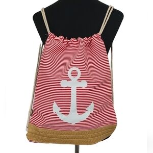 Trïbe Canvas & Rattan Nautical Red & White Striped Drawstring Backpack …